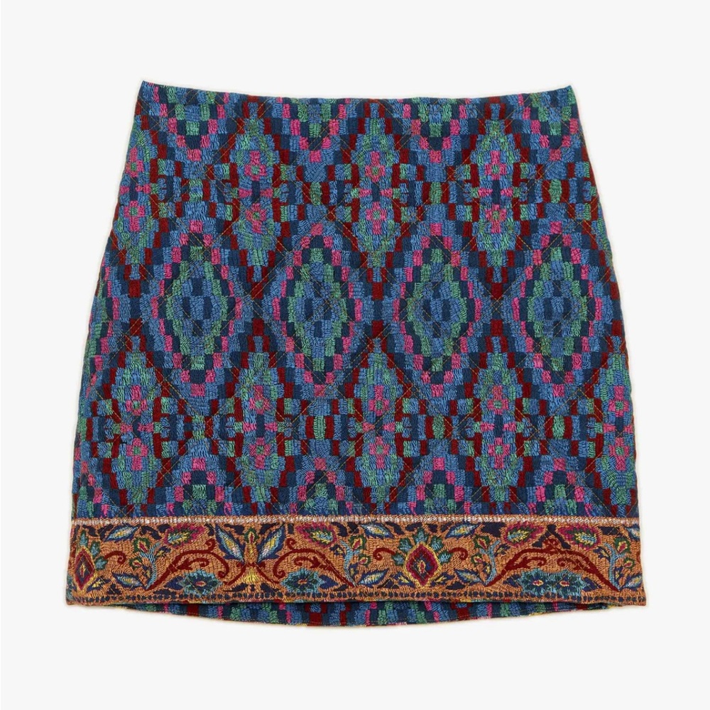 Farm Rio Tapestry Scarf Blue Mini Skirt Quilted Geometric NWT